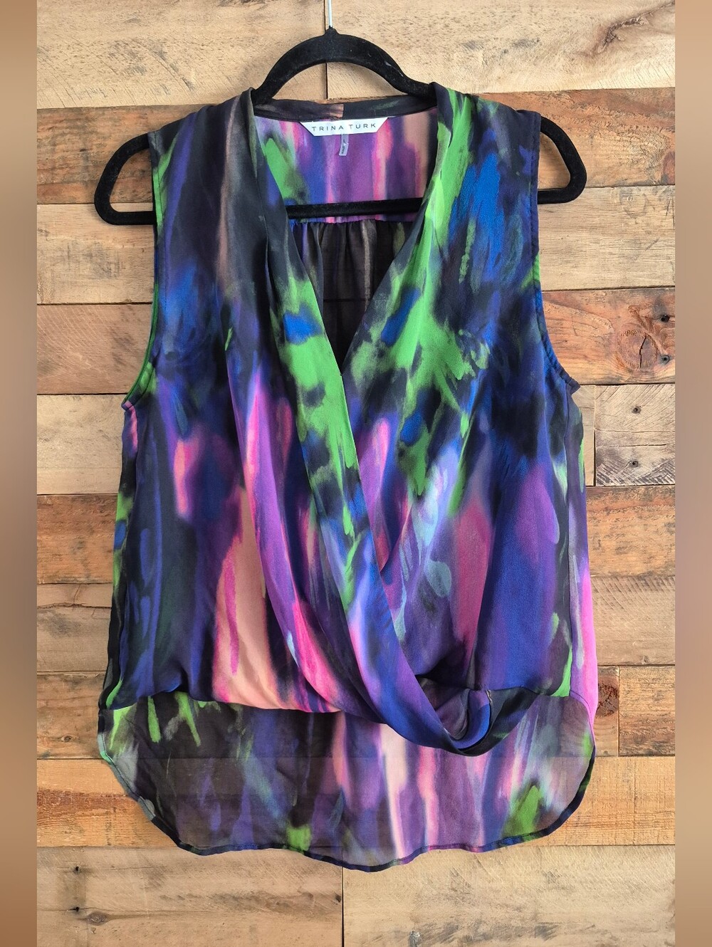 Trina Turk Artsy Sleeveless Silk Blouse L Sheer Faux Wrap Colorful Lightweight